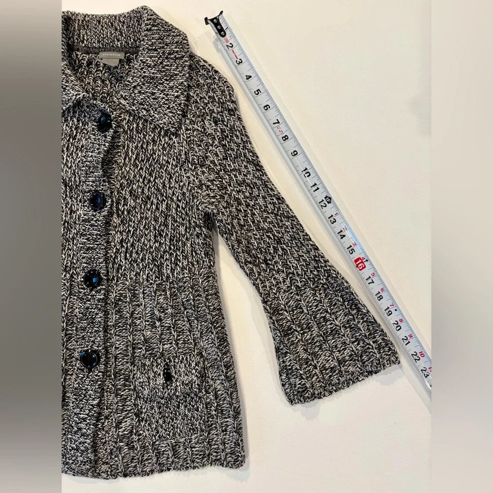 Ann Taylor Chunky Bell Sleeve Knit 98% Cotton Cardigan Black Gray White Stretchy - Picture 8 of 13